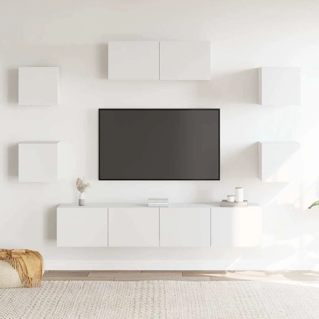 7 Piece White TV Cabinet Set Wall-Mounted Storage Unit Engineered Wood Organiser
