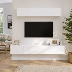 White TV Cabinet Set 4 Piece Wall-Mounted Storage Unit Engineered Wood