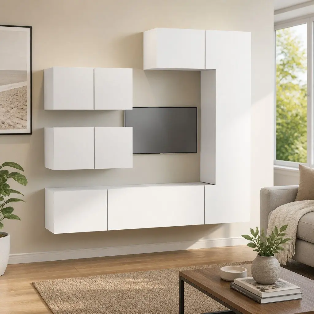 Engineered Wood TV Cabinet Set Wall Mounted White 6 Piece Storage Unit
