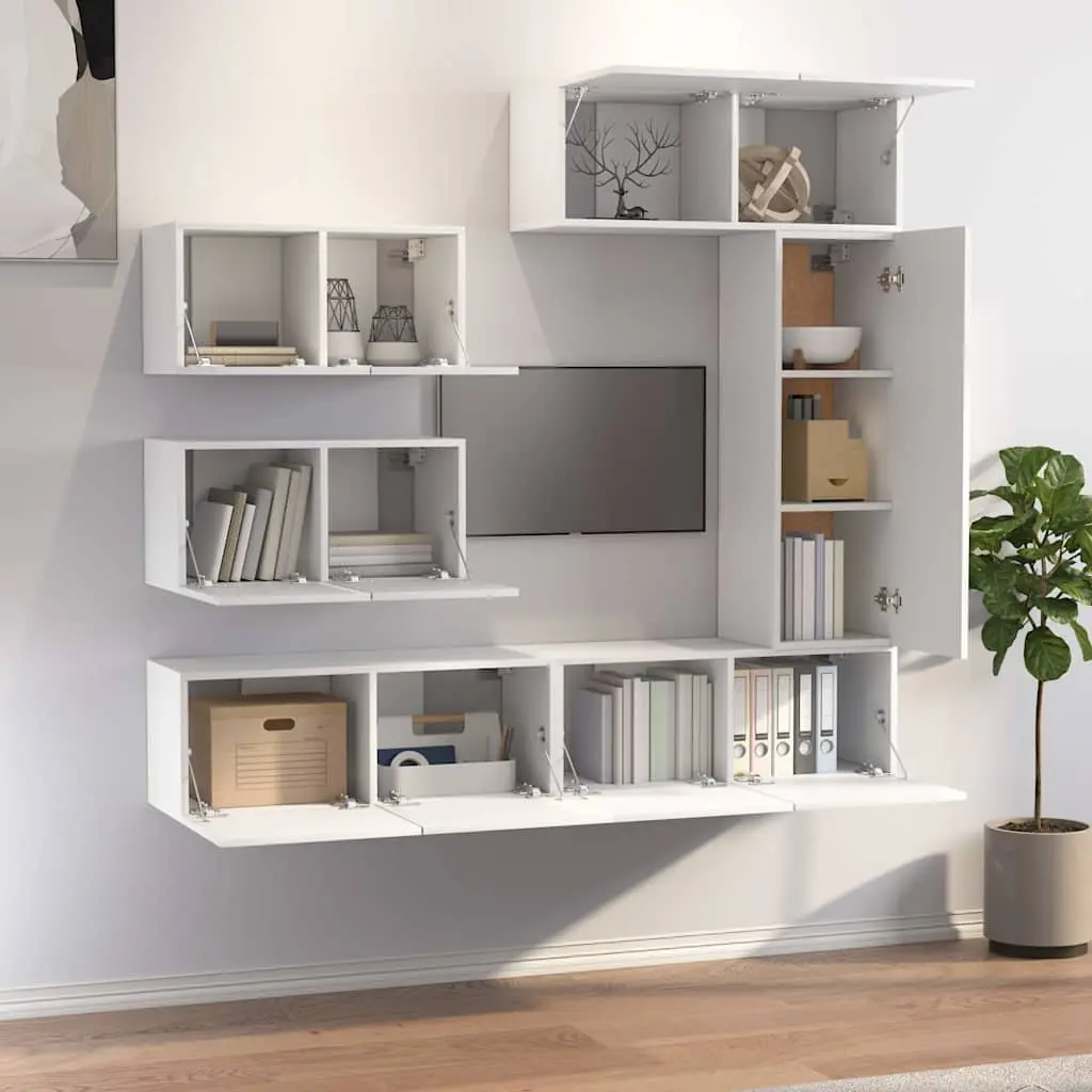 Engineered Wood TV Cabinet Set Wall Mounted White 6 Piece Storage Unit