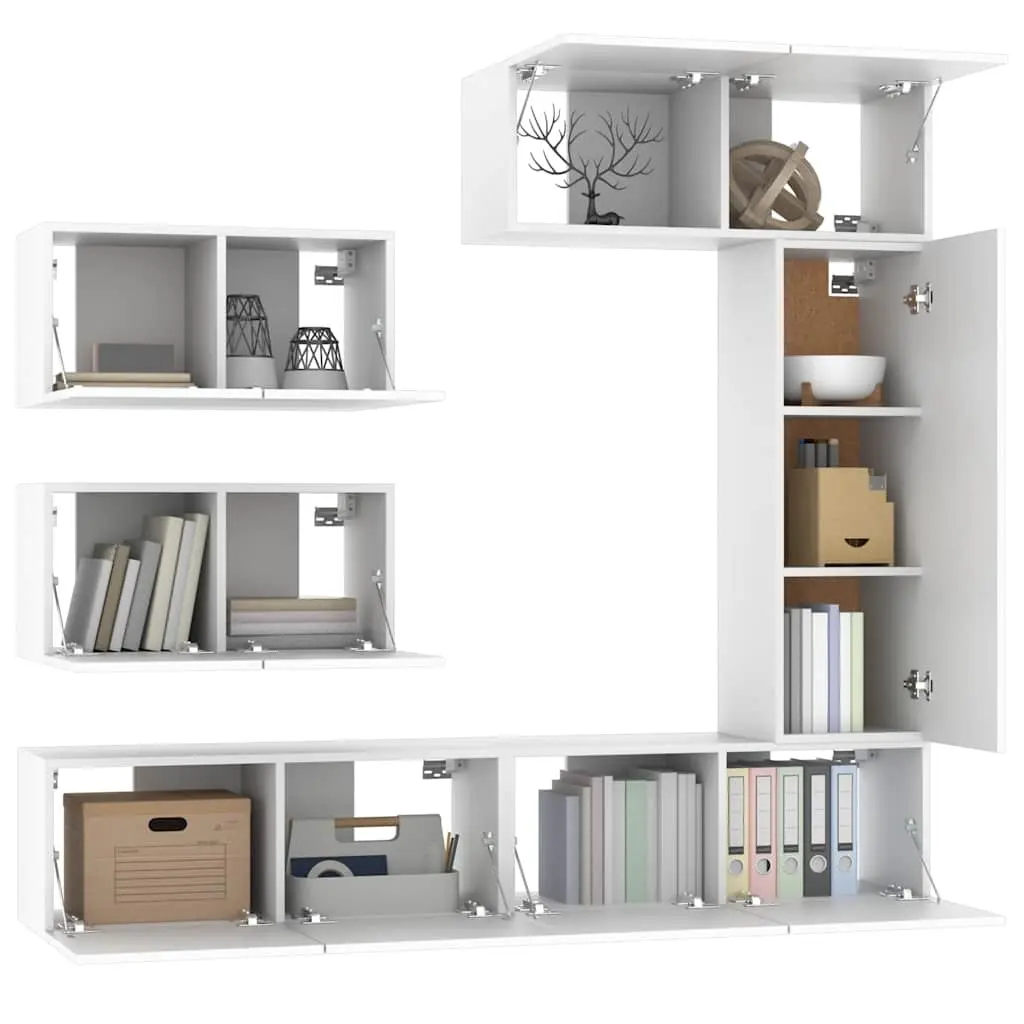 Engineered Wood TV Cabinet Set Wall Mounted White 6 Piece Storage Unit