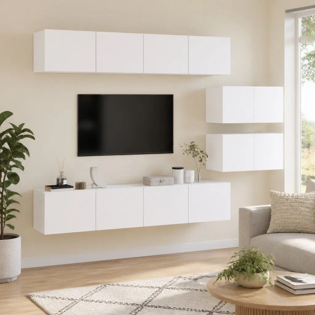 TV Cabinet Set Wall-Mounted White Engineered Wood 4 Piece