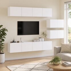 4 Piece TV Cabinet Set White Wall-Mounted Storage Unit Engineered Wood Furniture