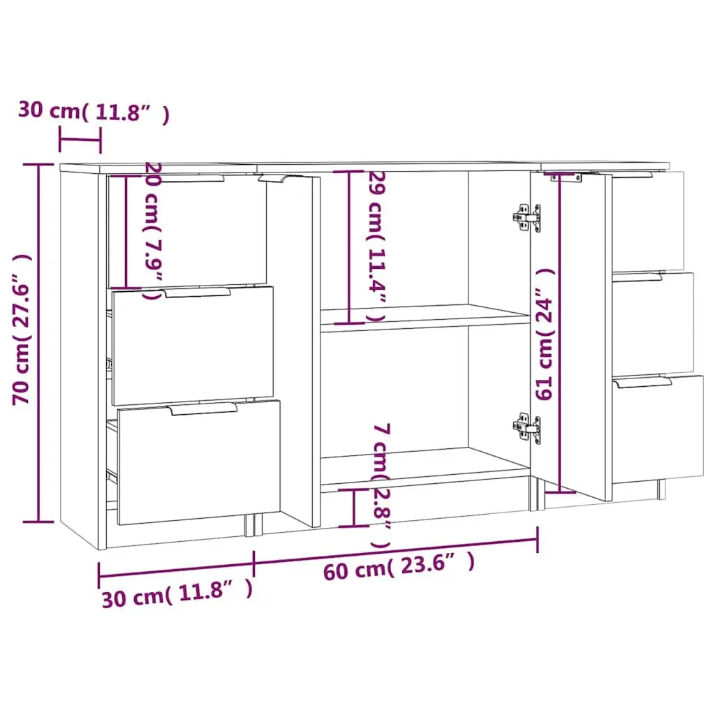 Sideboards 3 pcs White Storage Cabinet Engineered Wood Bedroom Living Room