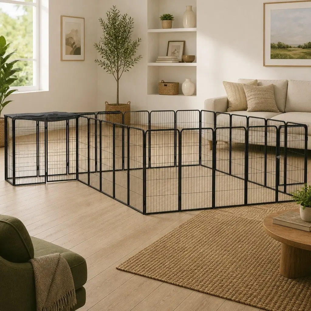 Pet Exercise Pen Heavy-Duty 26 Panel Black Steel Indoor Outdoor Enclosure