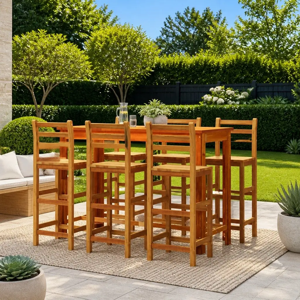 Bar Stools Solid Wood Acacia Outdoor Seating with Backrest Footrest 6 Pieces