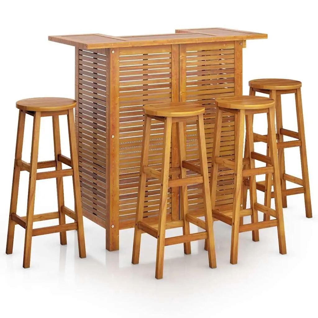 Solid Wood Garden Bar Set 5 Piece Outdoor Patio Bistro Table with 2 Shelves and 4 Footrest Stools Brown