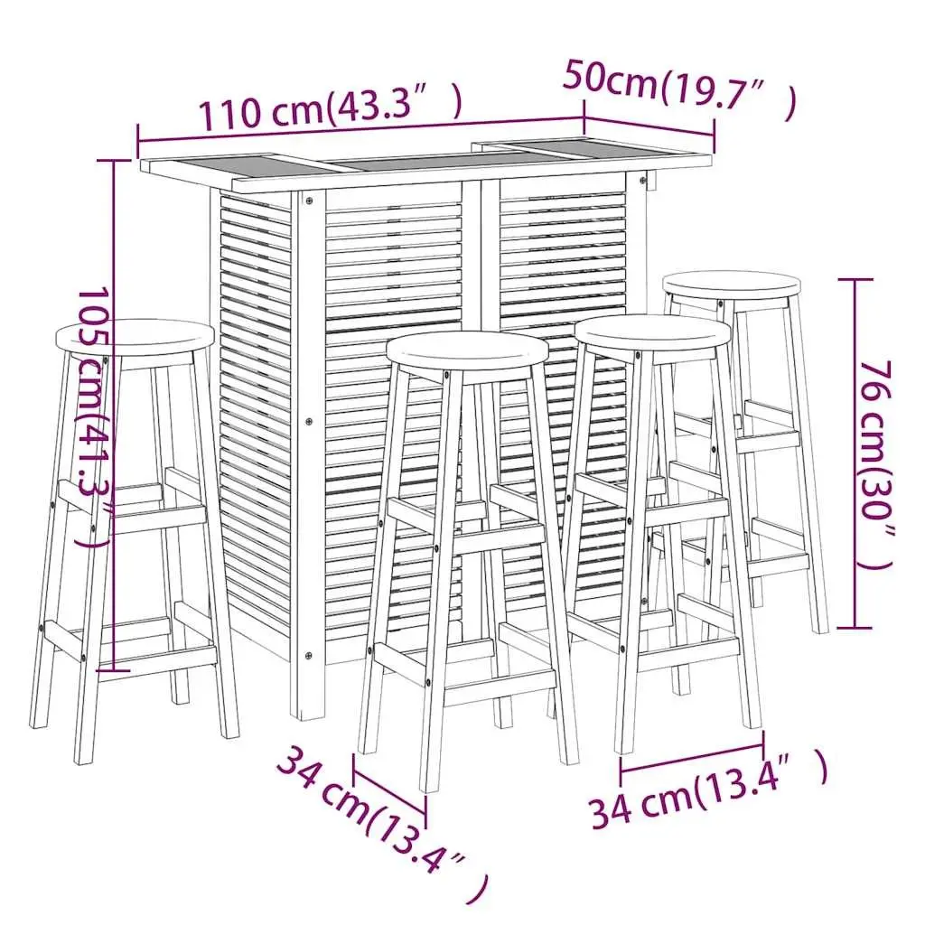 Solid Wood Garden Bar Set 5 Piece Outdoor Patio Bistro Table with 2 Shelves and 4 Footrest Stools Brown
