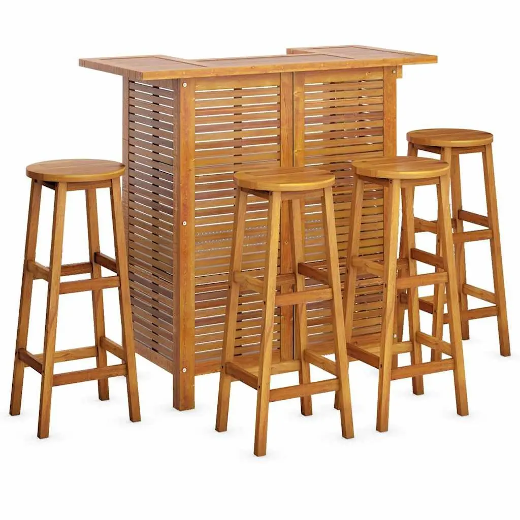 Solid Wood Garden Bar Set 5 Piece Outdoor Patio Bistro Table with 2 Shelves and 4 Footrest Stools Brown