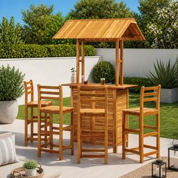Garden Bar Set 5 Piece Outdoor Bistro Table Stools Patio Furniture Brown Wood