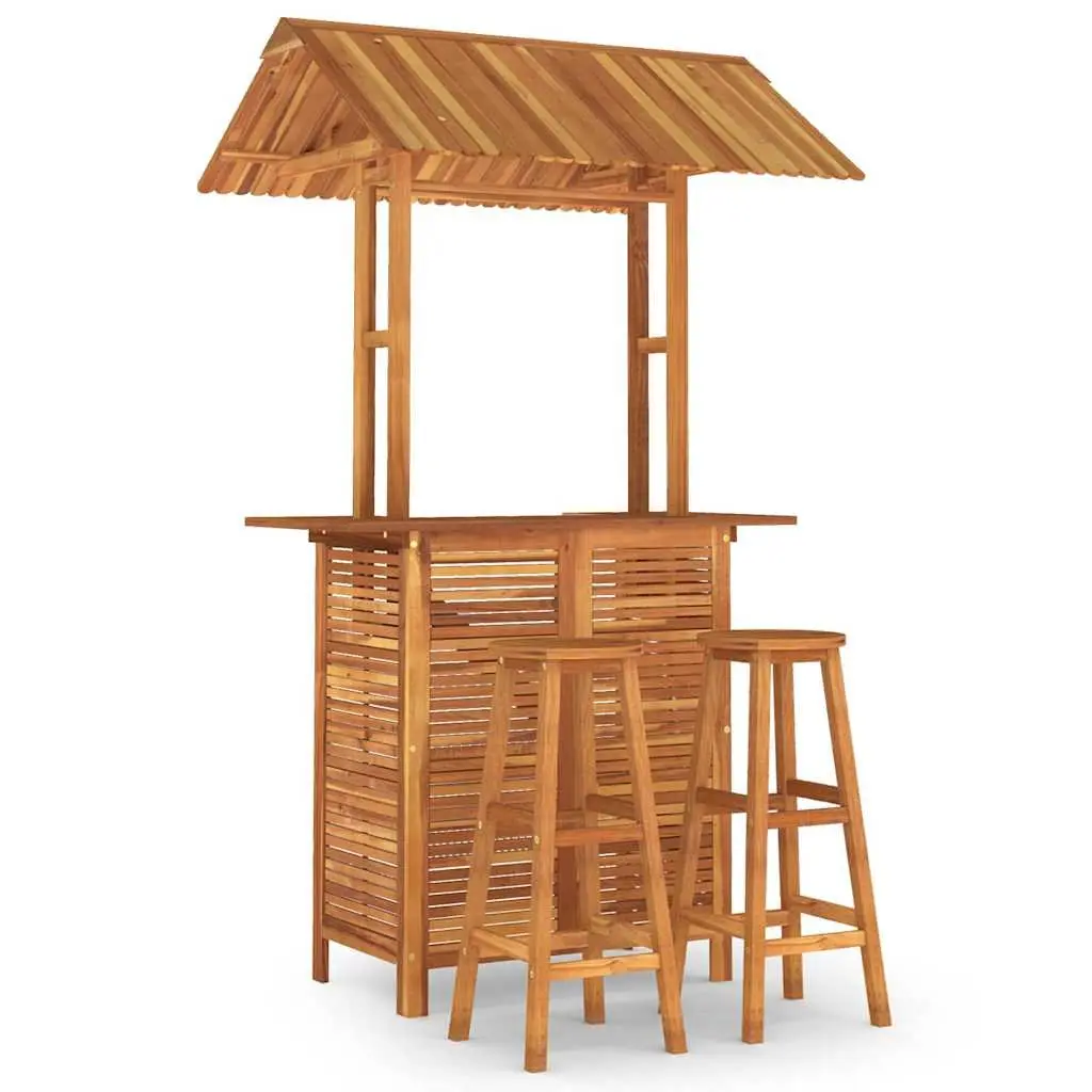 Garden Bar Set Wooden Bistro Table with Rooftop and 2 Bar Stools Outdoor Patio Furniture Brown