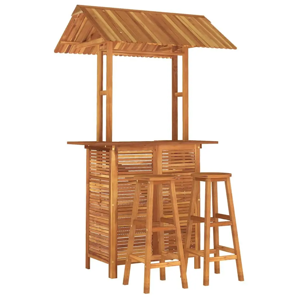 Garden Bar Set Wooden Bistro Table with Rooftop and 2 Bar Stools Outdoor Patio Furniture Brown