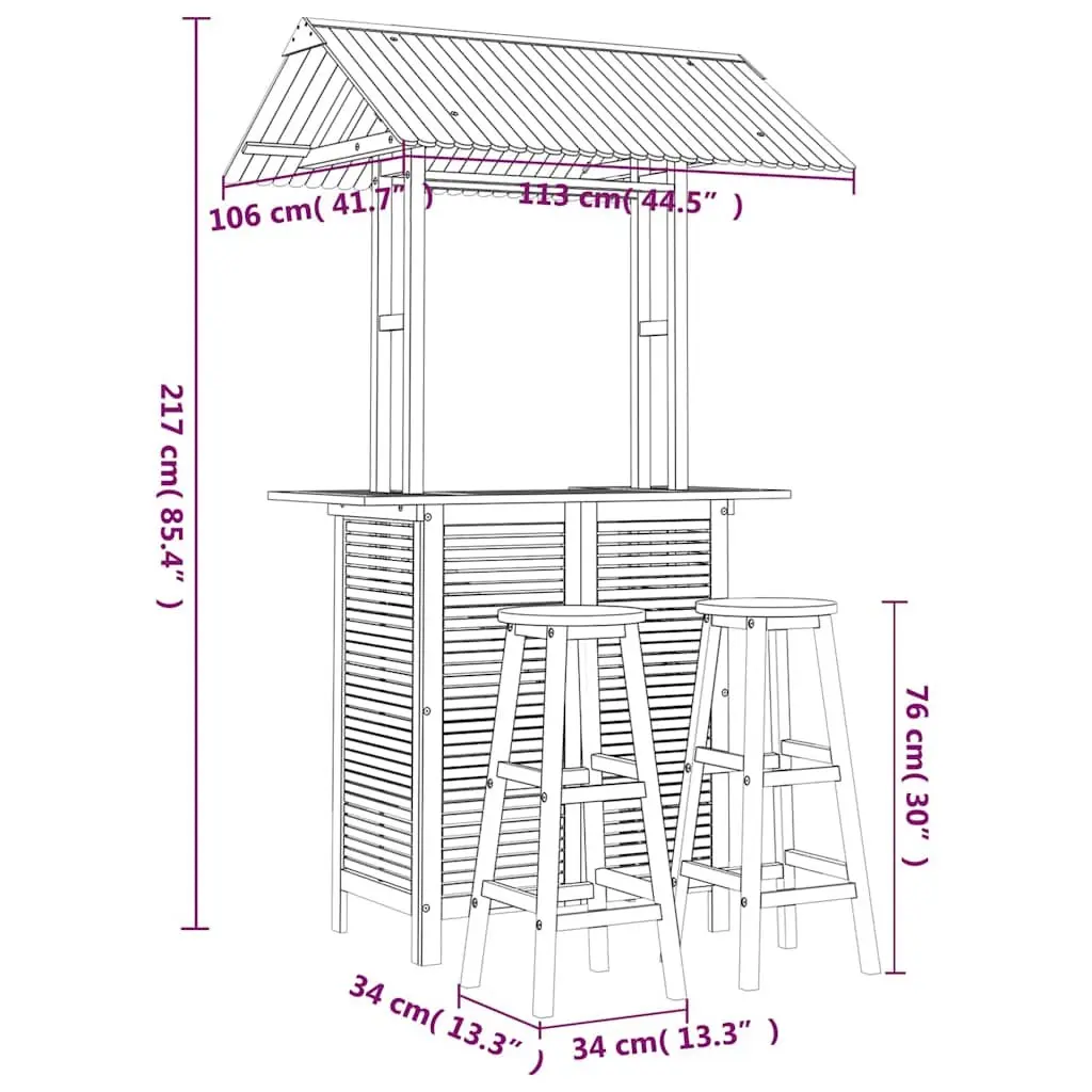 Garden Bar Set Wooden Bistro Table with Rooftop and 2 Bar Stools Outdoor Patio Furniture Brown