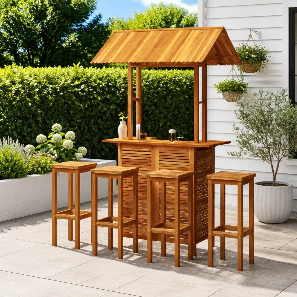 5 Piece Garden Bar Set Solid Acacia Wood Outdoor Bistro Table and Bar Stools