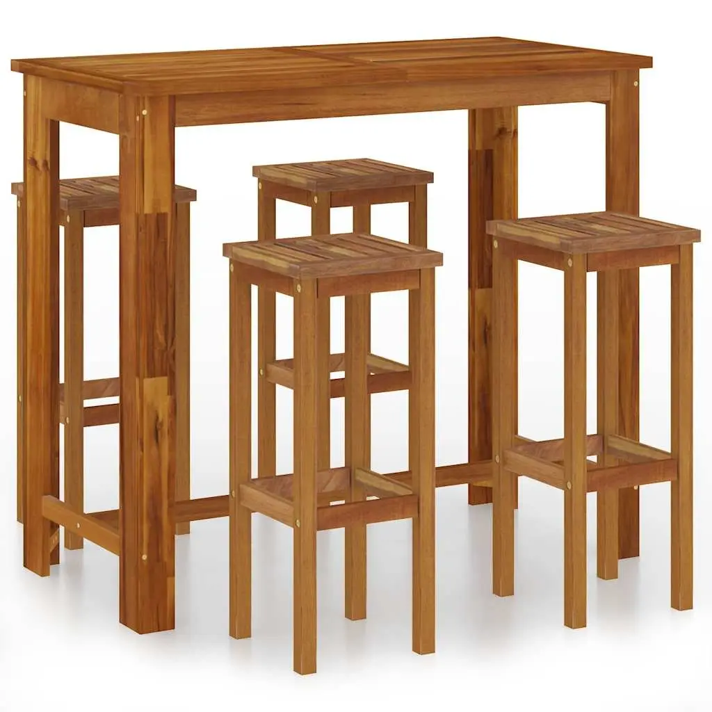 Garden Bar Set Solid Acacia Wood Oil-Finished 5 Piece Outdoor Furniture Bistro Table Stools Patio Brown