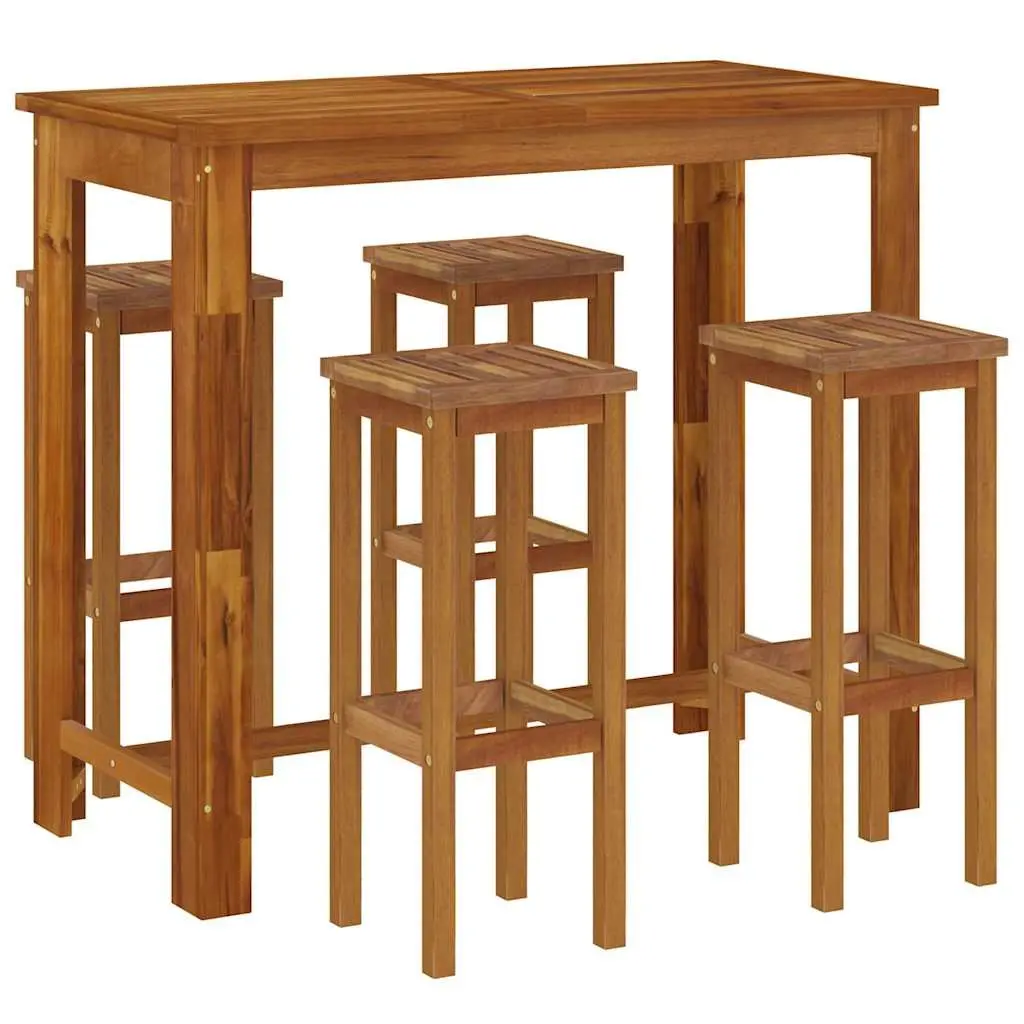 Garden Bar Set Solid Acacia Wood Oil-Finished 5 Piece Outdoor Furniture Bistro Table Stools Patio Brown