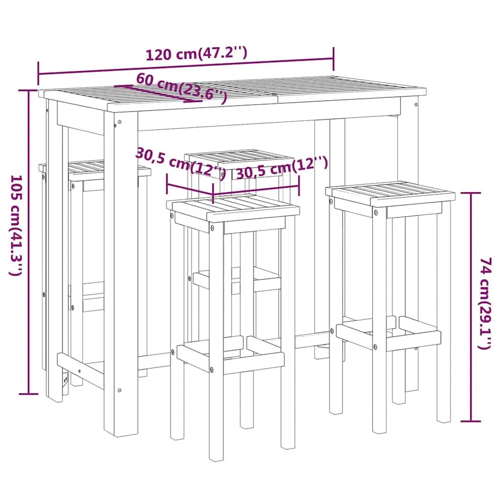 Garden Bar Set Solid Acacia Wood Oil-Finished 5 Piece Outdoor Furniture Bistro Table Stools Patio Brown