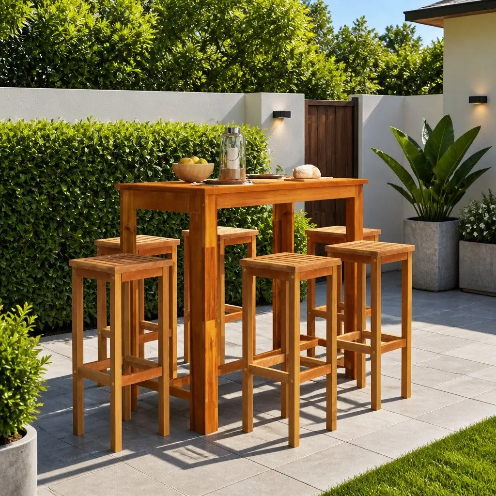 Garden Bar Set Bistro Style Solid Acacia Wood 7 Piece Outdoor Furniture Brown