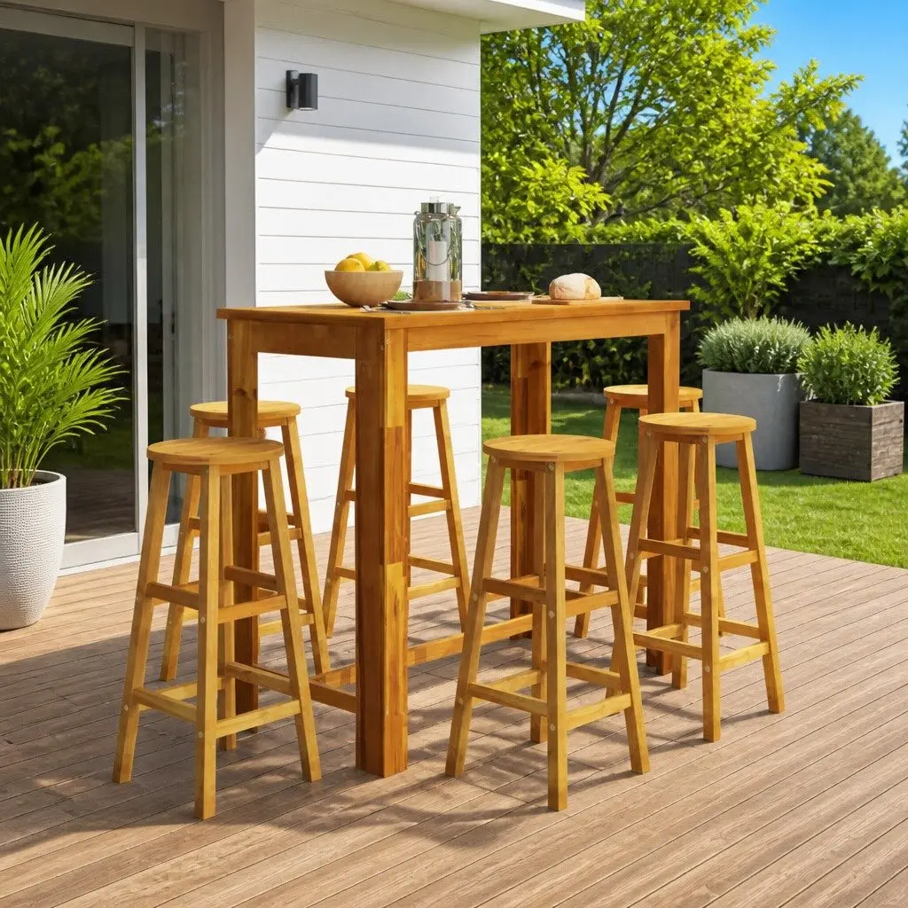 7 Piece Garden Bar Set Solid Acacia Wood Outdoor Patio Bistro Table Stools Brown