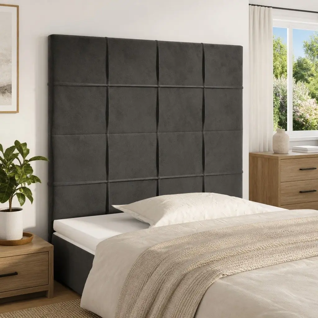 Dark Grey Velvet Headboard with Wooden Legs Adjustable Height Bedroom Furniture