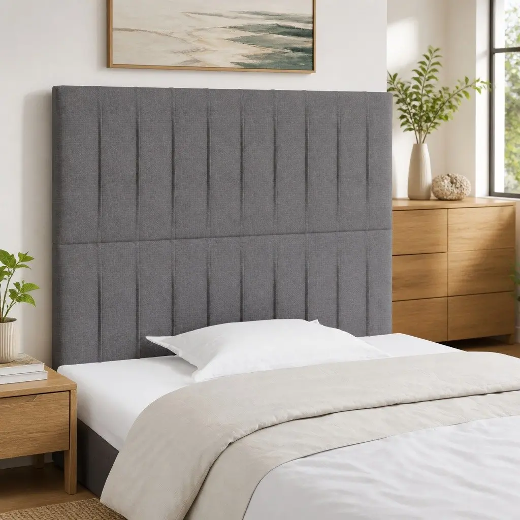 Headboard Grey Fabric Adjustable Height Bedroom Bed Head Support Wooden Legs