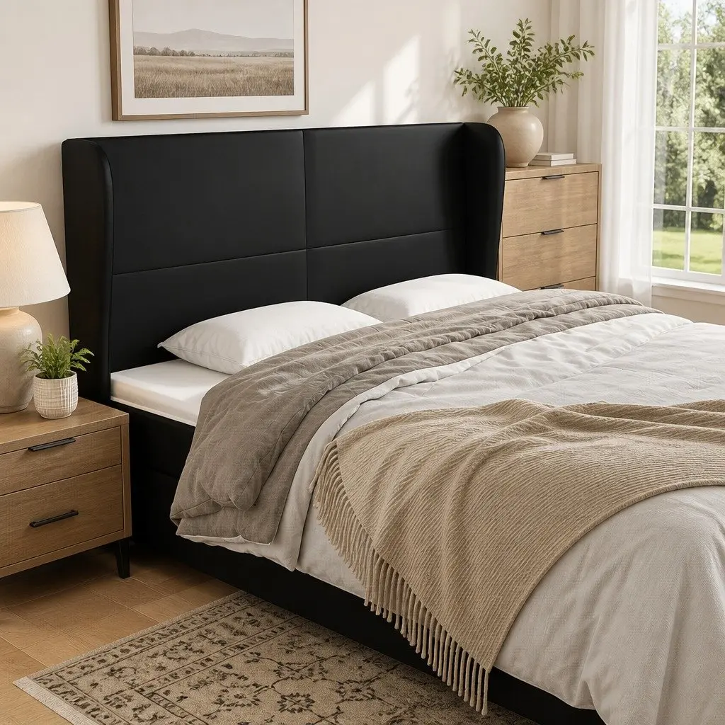 Headboard with Ears Faux Leather Black 163cm Bed Head Support