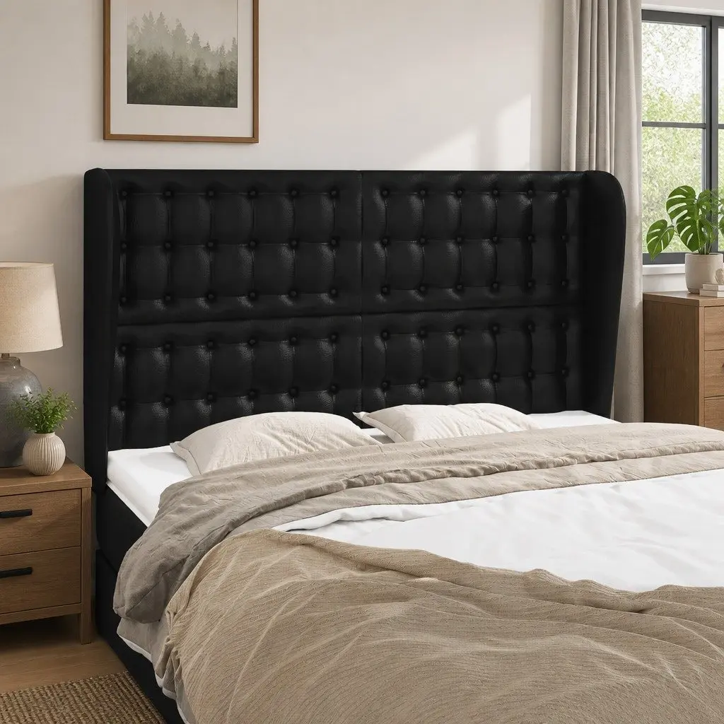 Headboard with Ears Black Faux Leather Adjustable Height Wooden Legs