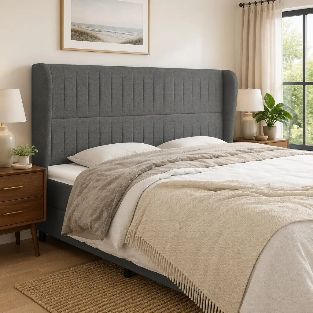 Headboard with Ears Grey Fabric 203cm Bedroom Furniture Bed Head Support