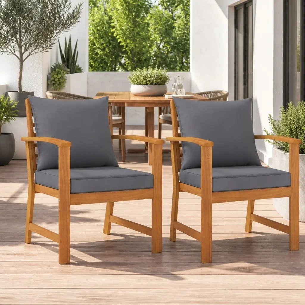 Garden Chairs 2pcs Grey Cushions Solid Acacia Wood Outdoor Seating Patio Set