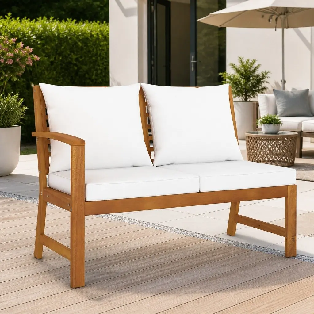Garden Bench 114.5cm Outdoor Seating with Cream Cushion Solid Wood Patio