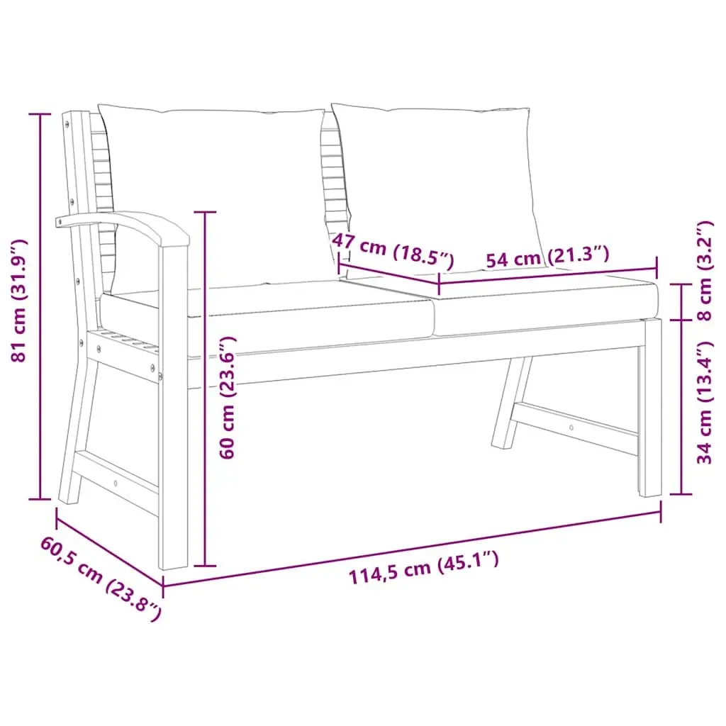 Outdoor Garden Bench 114.5cm Wooden Patio Seating with Cushions Grey Padding