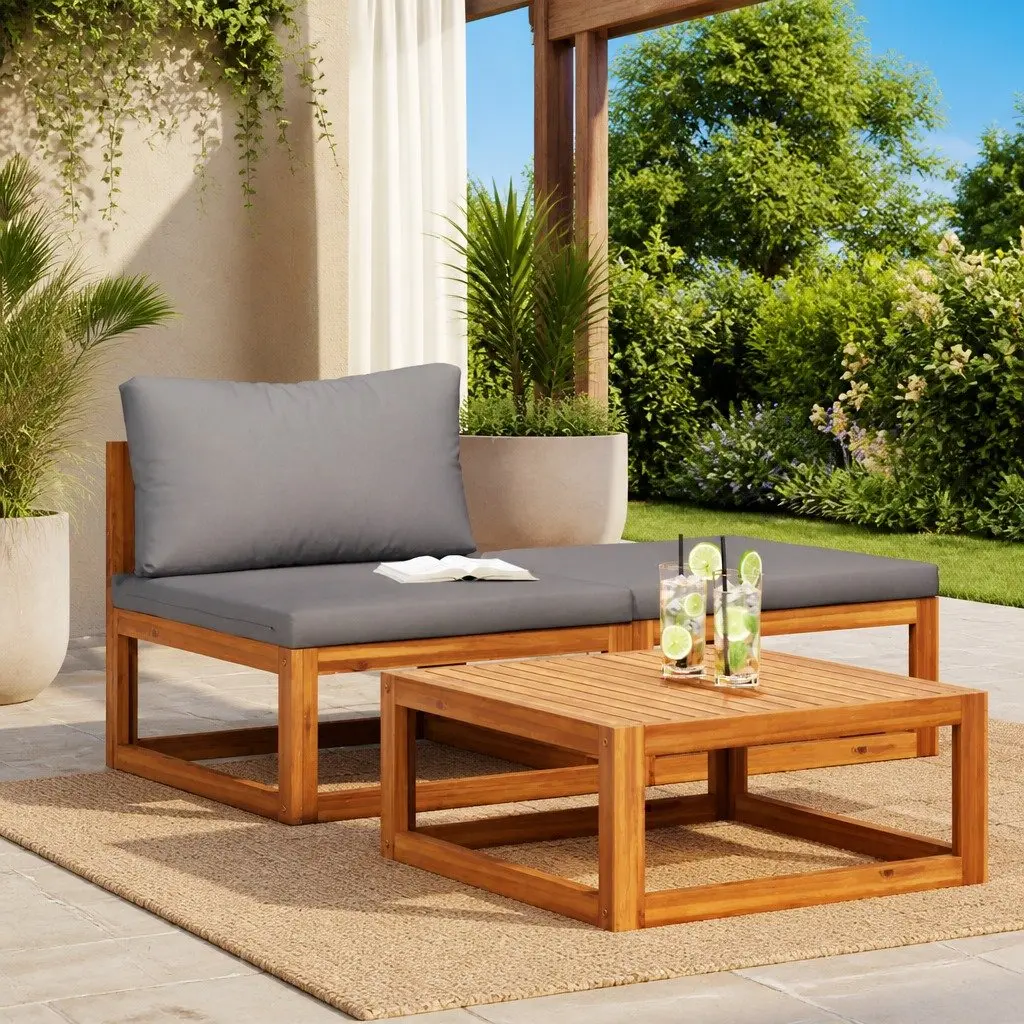 Outdoor Sectional Sofa Set Solid Acacia Wood 3 Piece Garden Lounge Furniture with Cushions