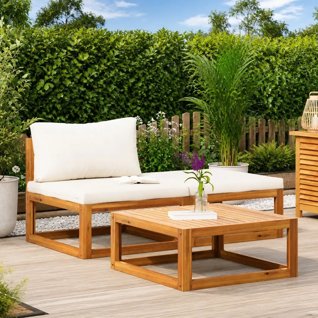 3 Piece Garden Lounge Set Outdoor Sofa Cream Cushions Acacia Wood Patio