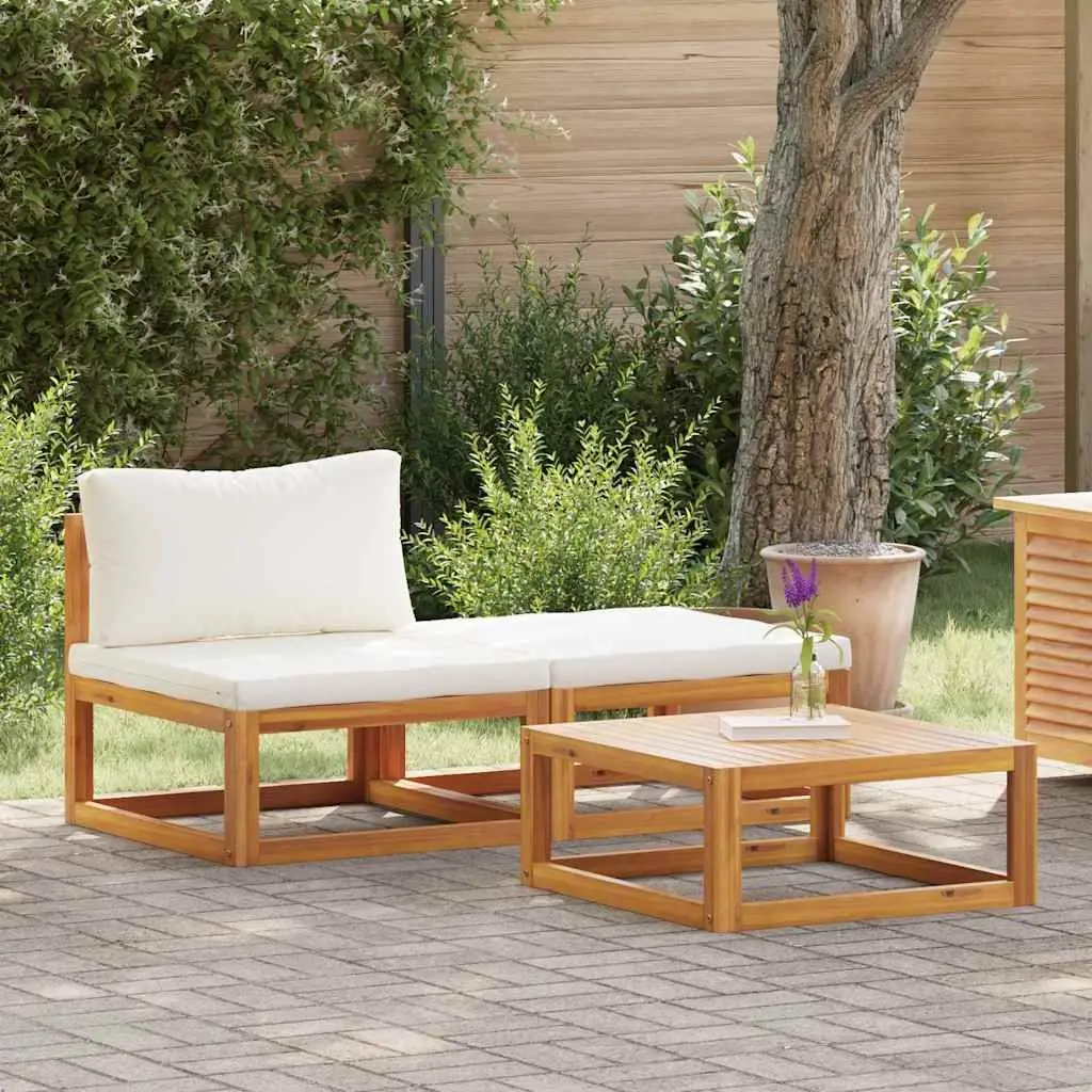 3 Piece Garden Lounge Set Outdoor Sofa Cream Cushions Acacia Wood Patio