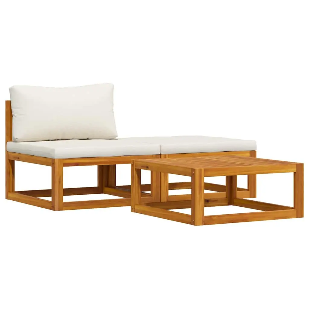 3 Piece Garden Lounge Set Outdoor Sofa Cream Cushions Acacia Wood Patio