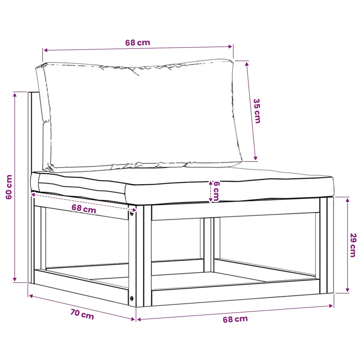 Outdoor Sectional Middle Sofa Solid Acacia Wood Frame Padded Cushions