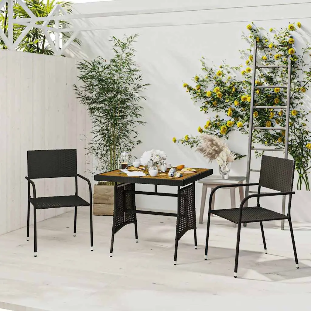 3 Piece Outdoor Dining Set Black Waterproof PE Rattan Steel Frame Acacia Wood Table Chairs