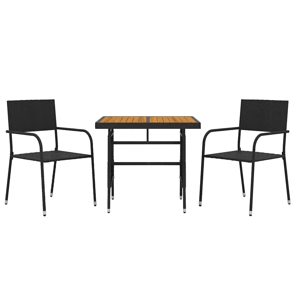 3 Piece Outdoor Dining Set Black Waterproof PE Rattan Steel Frame Acacia Wood Table Chairs