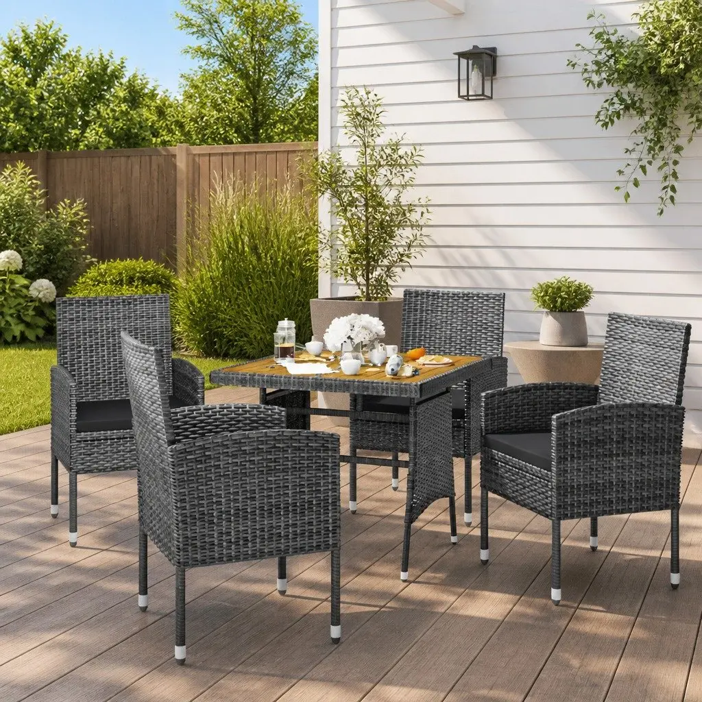 5 Piece Outdoor Dining Set Waterproof PE Rattan Grey Chairs Steel Frame Table