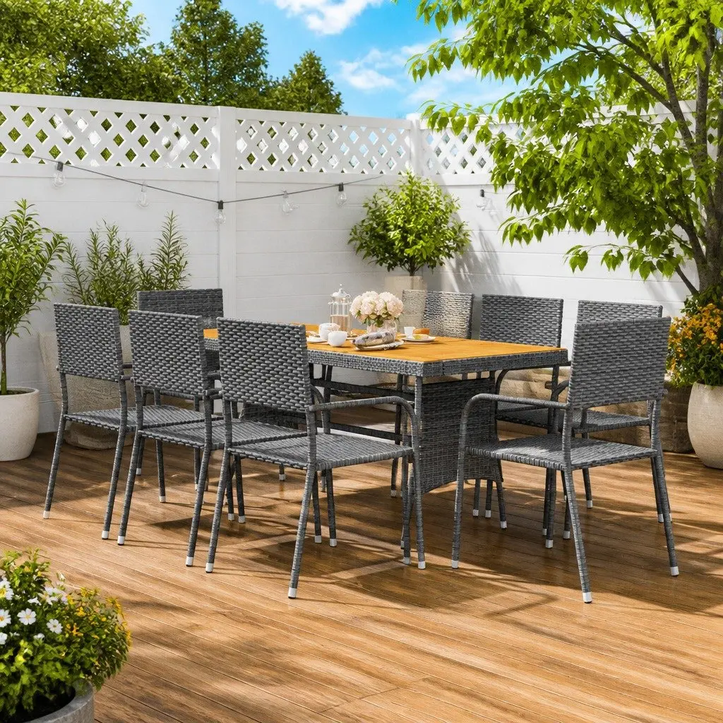 9 Piece Patio Dining Set Grey Waterproof Rattan Steel Frame Acacia Wood Table and Chairs