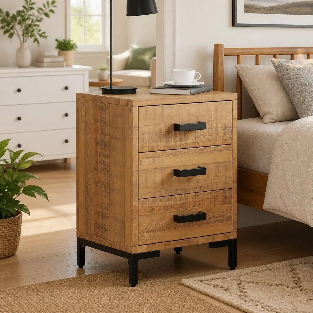 Bedside Cabinet Solid Pine Wood 40x30x55cm Nightstand with 3 Drawers Storage Brown