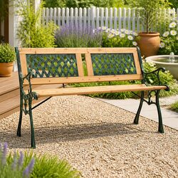 Garden Bench 122cm Outdoor Seating Cast Iron Legs Solid Wood Patio Furniture