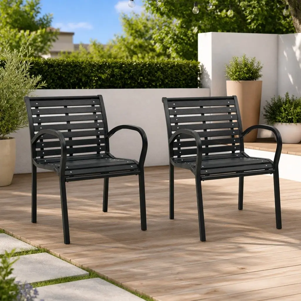 Outdoor Chairs Stackable Steel WPC Black 2 Piece