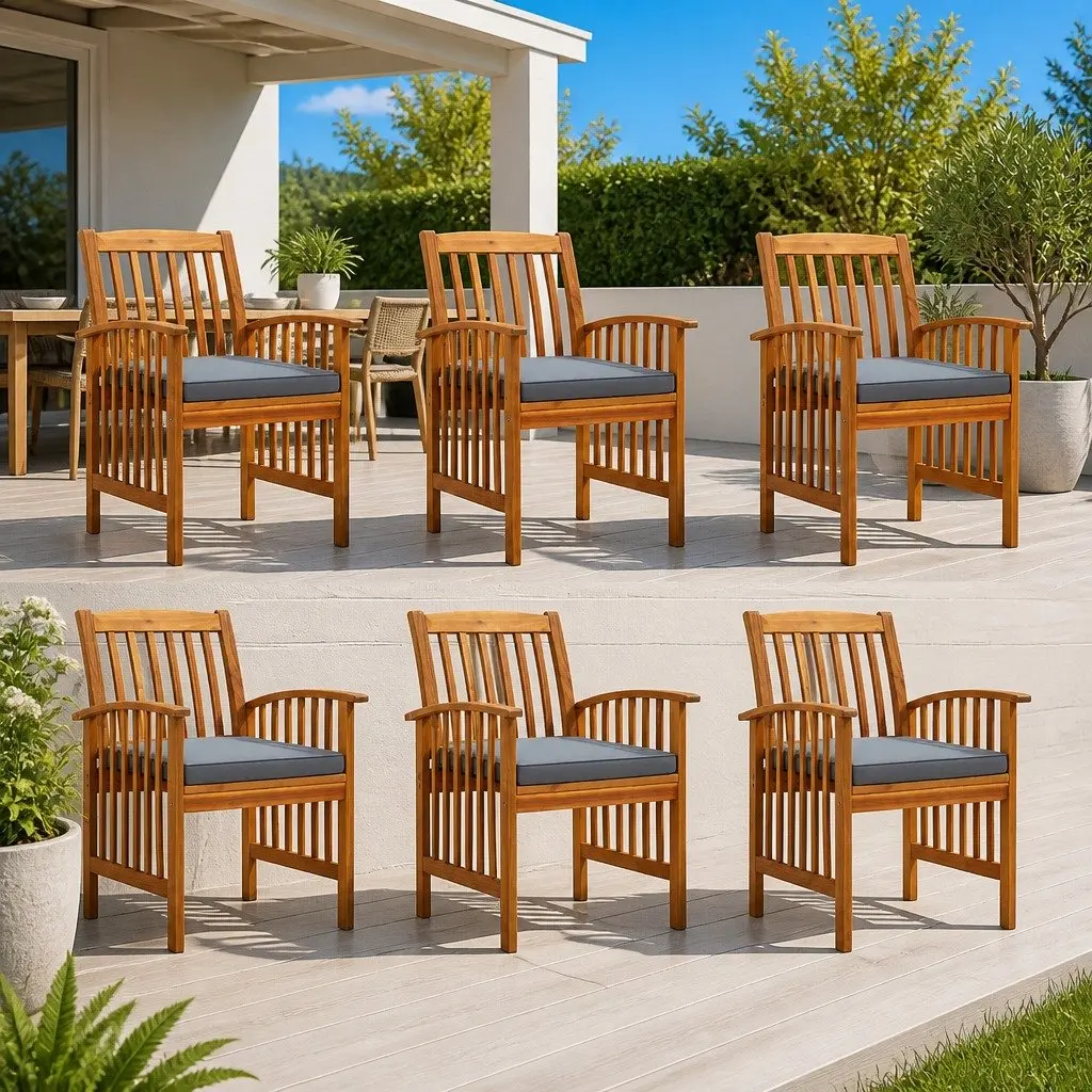 Outdoor Dining Chairs Set 6 pcs Grey Cushions Solid Wood Acacia