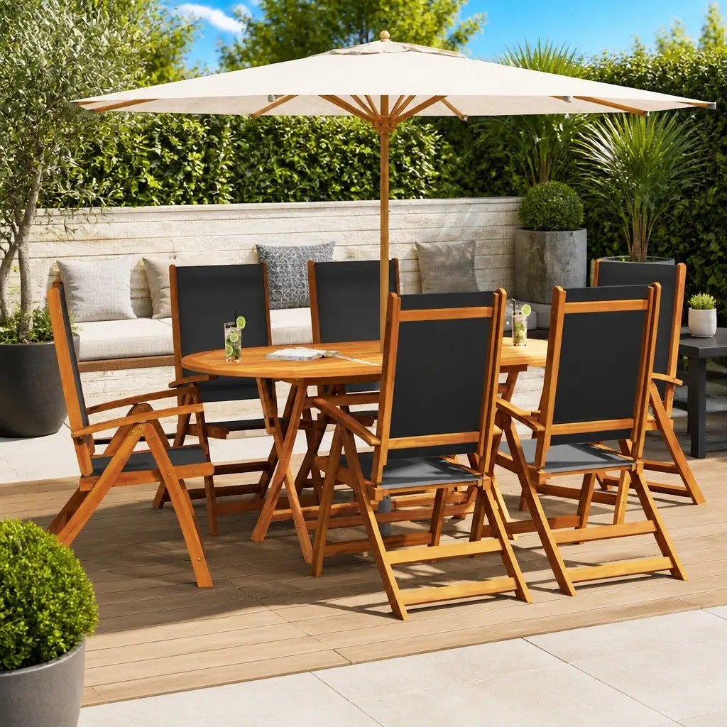 Folding Garden Chairs Set Adjustable Backrest Wood 6 Piece