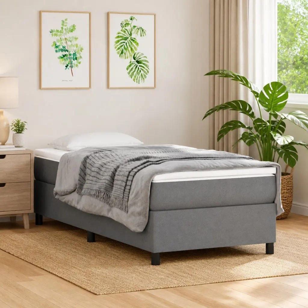 Box Spring Bed Frame King Single Grey Fabric Durable Supportive Legs Plywood