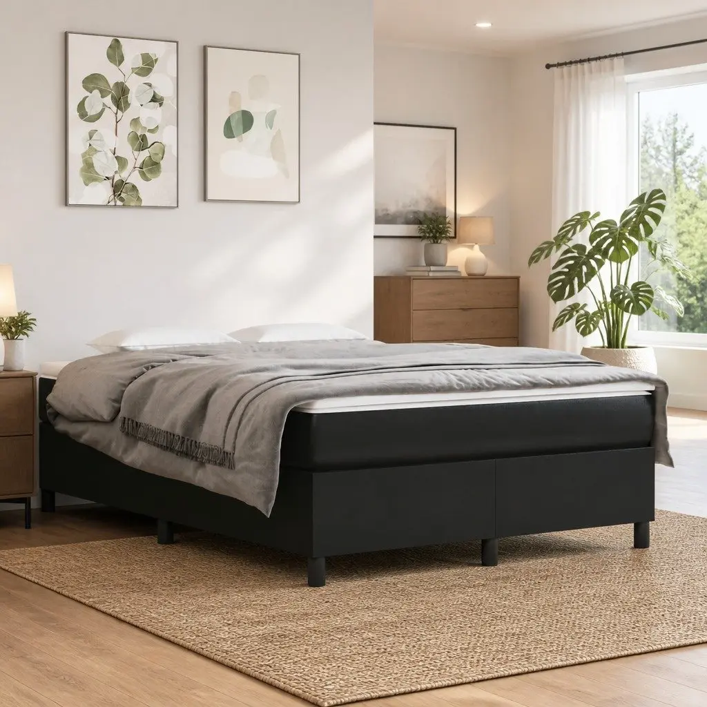 Box Spring Bed Frame Black Faux Leather Platform Double