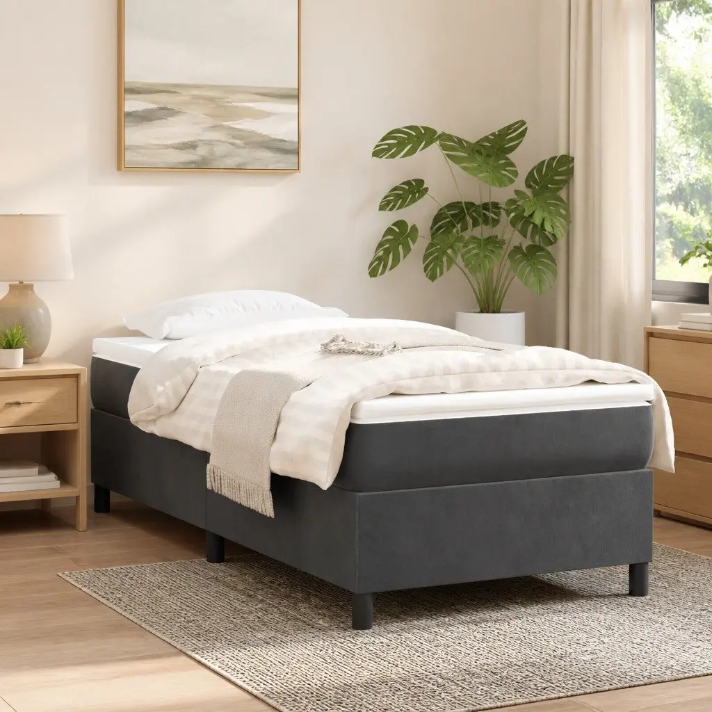 Box Spring Bed Frame King Single Dark Grey Velvet Bedroom Furniture
