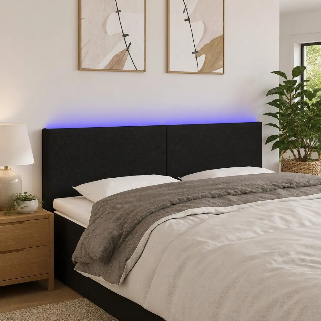 LED Headboard Fabric Black 144cm Wide Adjustable Height with LED Lighting