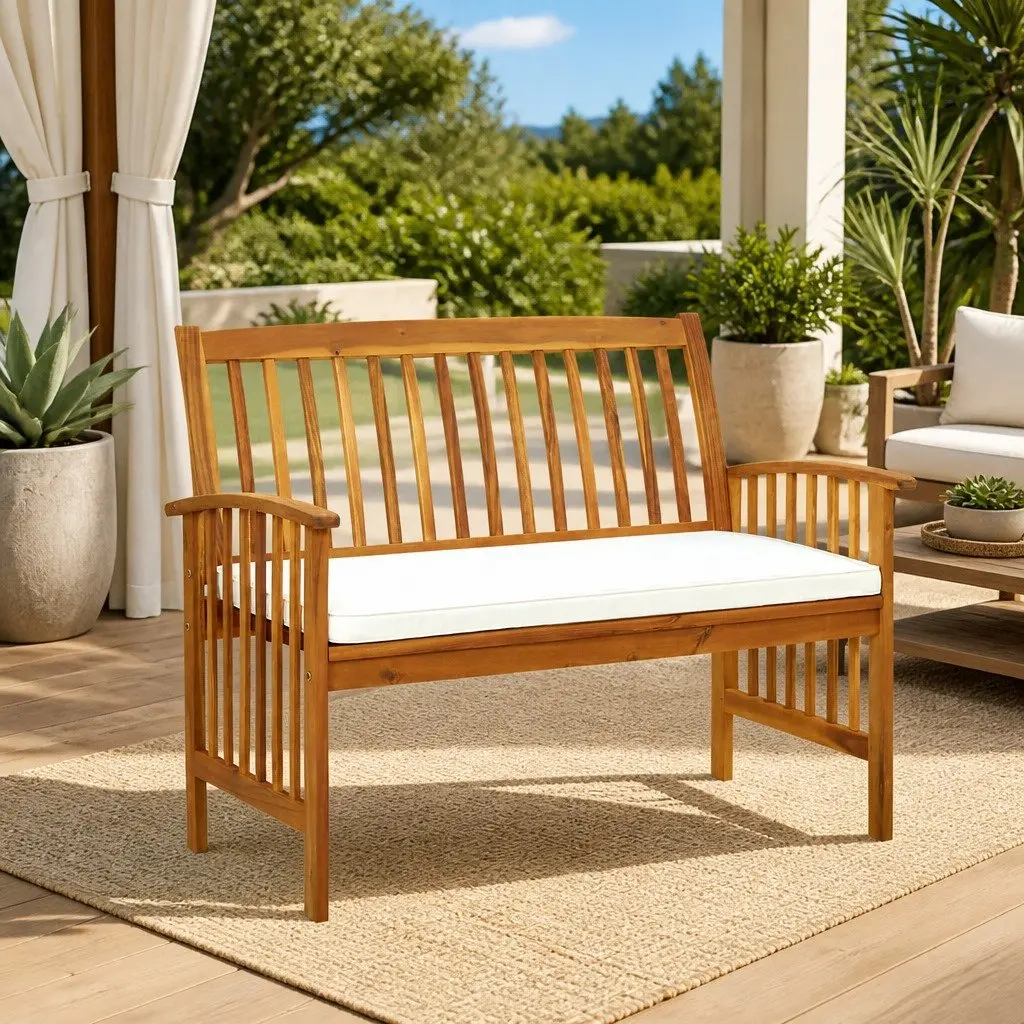 Garden Bench Wooden Acacia 119cm Outdoor Seating with Cushion
